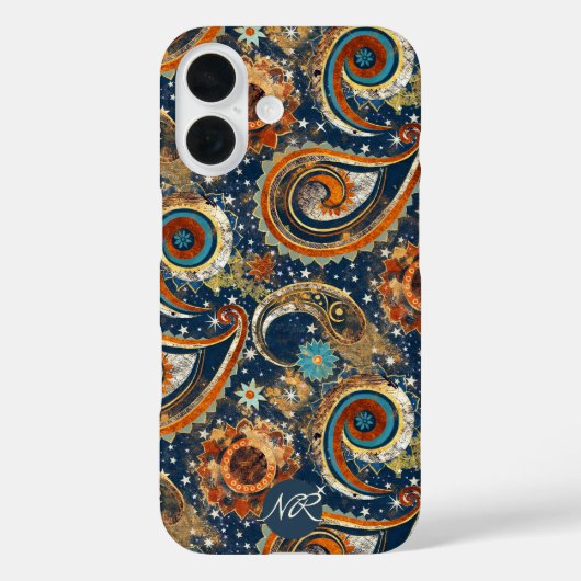 Navy Blue Gold Celestial Paisley Patroon Monogram Case-Mate iPhone Case (Achterkant)