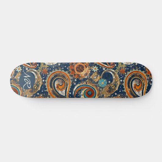 Navy Blue Gold Celestial Paisley Patroon Monogram Persoonlijk Skateboard (Horizontaal)