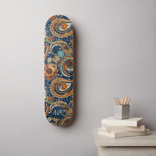Navy Blue Gold Celestial Paisley Patroon Monogram Persoonlijk Skateboard (Muurkunst)