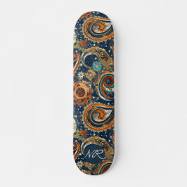 Navy Blue Gold Celestial Paisley Patroon Monogram Persoonlijk Skateboard
