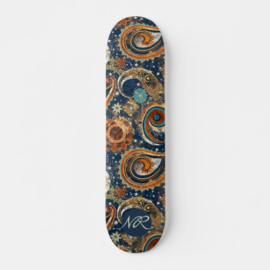 Navy Blue Gold Celestial Paisley Patroon Monogram Persoonlijk Skateboard (Voorkant)