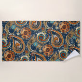 Navy Blue Gold Celestial Paisley Patroon Monogram Strandlaken (Voorkant)