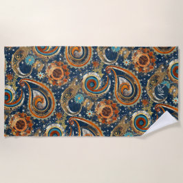 Navy Blue Gold Celestial Paisley Patroon Monogram Strandlaken