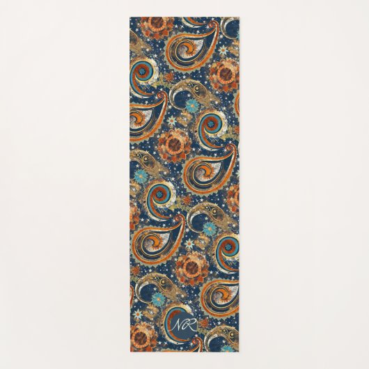 Navy Blue Gold Celestial Paisley Patroon Monogram Yogamat (Voorkant)