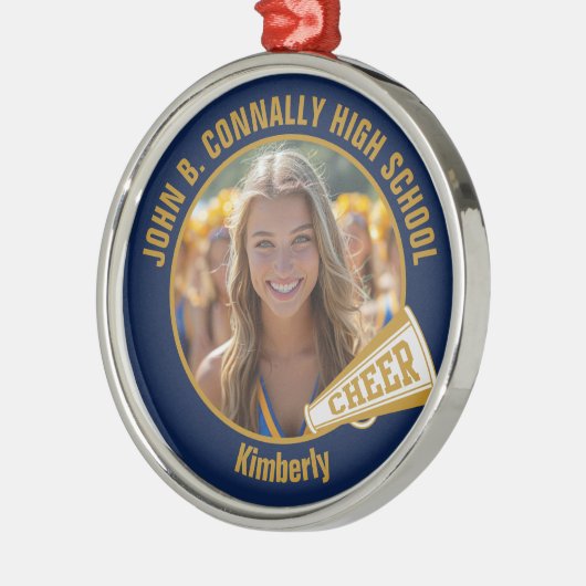 Navy Blue Gold Cheerleader Photo Christmas Metalen Ornament (Links)