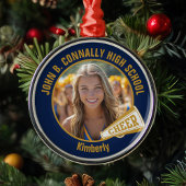 Navy Blue Gold Cheerleader Photo Christmas Metalen Ornament