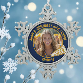Navy Blue Gold Cheerleader Photo Tin Sneeuwvlok Ornament