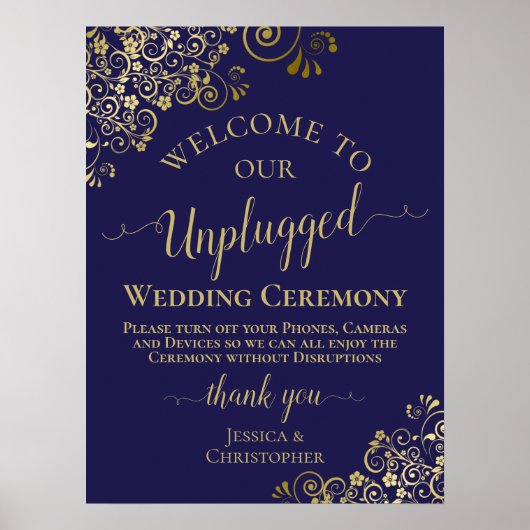 Navy Blue & Gold Chic Unplugged Wedding Ceremony Poster (Voorkant)