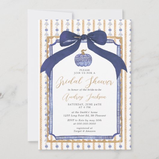 Navy Blue & Gold Chinoiserie Pumpkin Bridal Shower Kaart (Voorkant)
