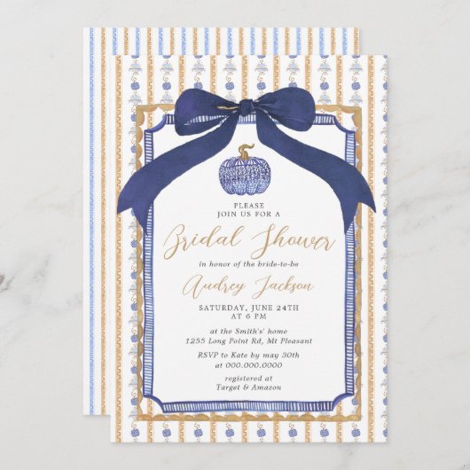 Navy Blue & Gold Chinoiserie Pumpkin Bridal Shower Kaart (Voorkant / Achterkant)