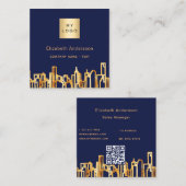 Navy blue gold city skyline modern qr code logo vierkante visitekaartje (Voorkant / Achterkant)