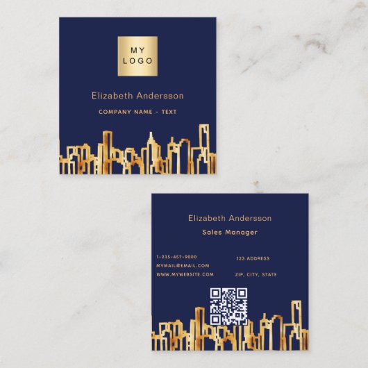 Navy blue gold city skyline modern qr code logo vierkante visitekaartje (Voorkant / Achterkant)