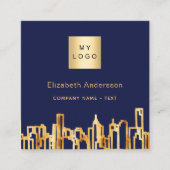 Navy blue gold city skyline modern qr code logo vierkante visitekaartje (Voorkant)