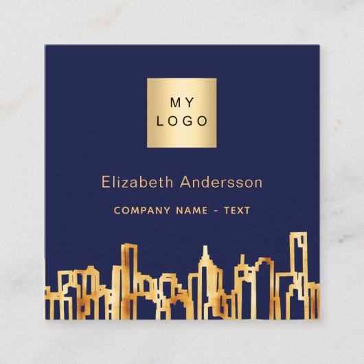 Navy blue gold city skyline modern qr code logo vierkante visitekaartje (Voorkant)