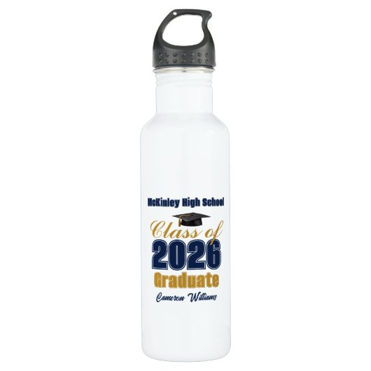 Navy Blue Gold Class of 2026 Custom Graduation Waterfles (Voorkant)