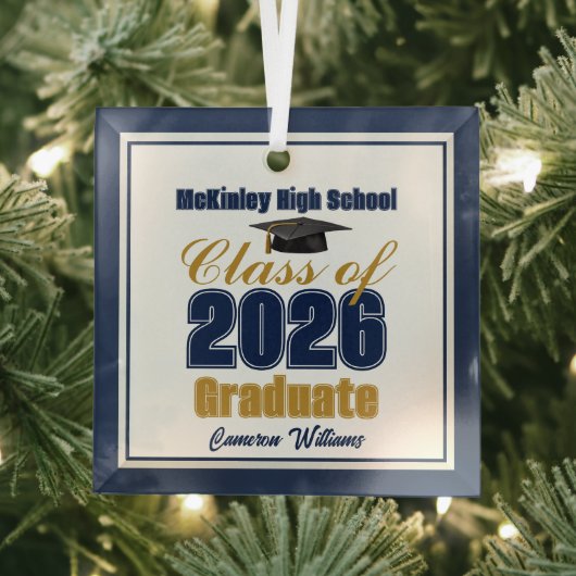 Navy Blue Gold Class of 2026 Graduation Glas Ornament (Insitu)