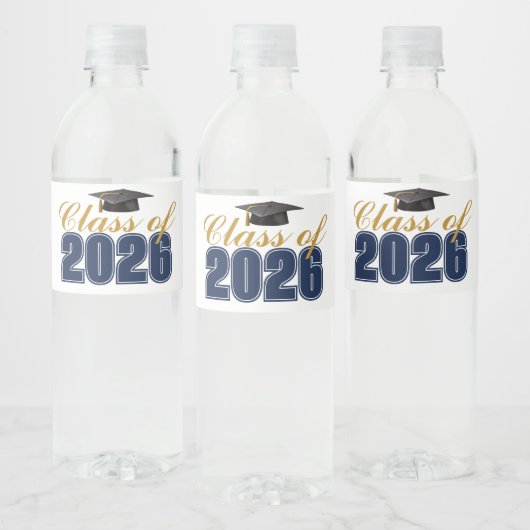 Navy Blue Gold Class of 2026 Graduation Party Waterfles Etiket (Flessen)