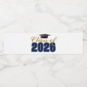 Navy Blue Gold Class of 2026 Graduation Party Waterfles Etiket (Enkel label)
