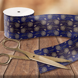 Navy Blue & Gold Classy Pattern Liberty Floral Grosgrain Lint