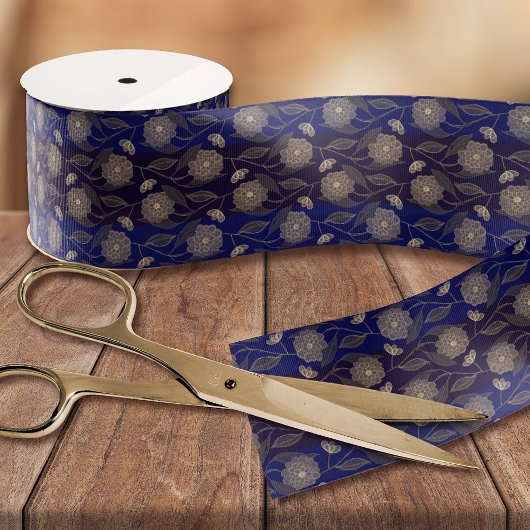Navy Blue & Gold Classy Pattern Liberty Floral Grosgrain Lint