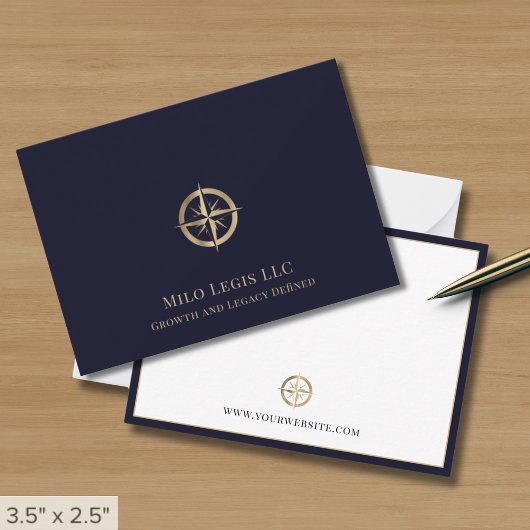 Navy Blue Gold Compass Logo Notitiekaartje