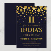 Navy Blue & Gold Confetti 11e verjaardag Kaart (Voorkant / Achterkant)