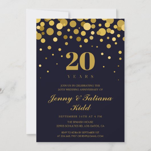 Navy Blue & Gold Confetti 20e trouwdag Kaart (Voorkant)