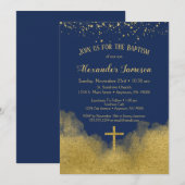 Navy Blue Gold Confetti Baptism Invitation Boy Kaart (Voorkant / Achterkant)