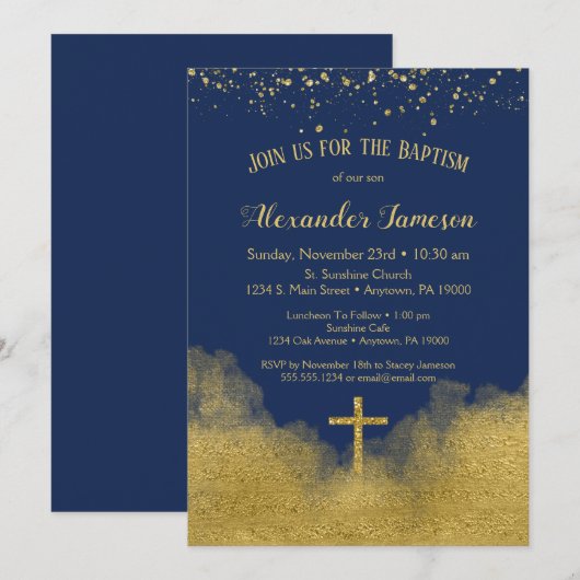 Navy Blue Gold Confetti Baptism Invitation Boy Kaart (Voorkant / Achterkant)