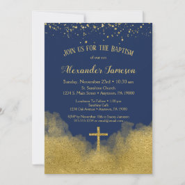 Navy Blue Gold Confetti Baptism Invitation Boy Kaart