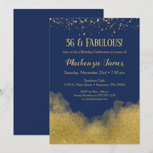 Navy Blue Gold Confetti Birthday Invitation Kaart (Voorkant / Achterkant)