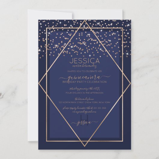 Navy Blue Gold Confetti Border Quinceañera Kaart (Voorkant)