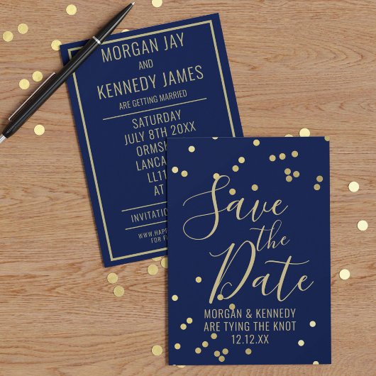 Navy Blue Gold Confetti Flat Save the Date Kaart