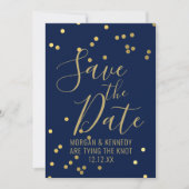 Navy Blue Gold Confetti Flat Save the Date Kaart (Voorkant)