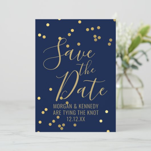 Navy Blue Gold Confetti Flat Save the Date Kaart (Staand voorkant)