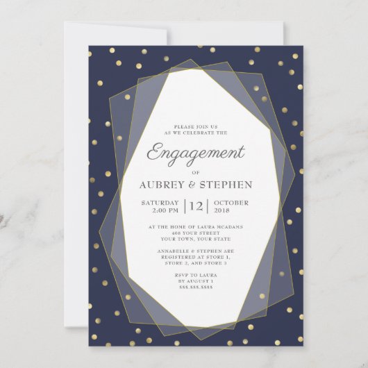 Navy Blue Gold Confetti Geometric Engagement Party Kaart (Voorkant)