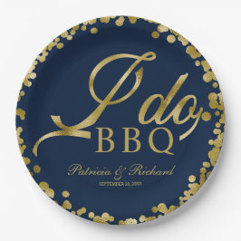 Navy Blue Gold Confetti Ik Doe BBQ Verloving Feest Papieren Bordje