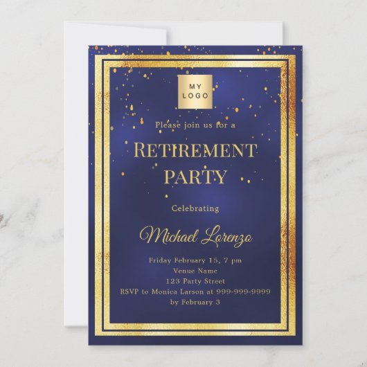 Navy blue gold confetti retirement business logo kaart (Voorkant)