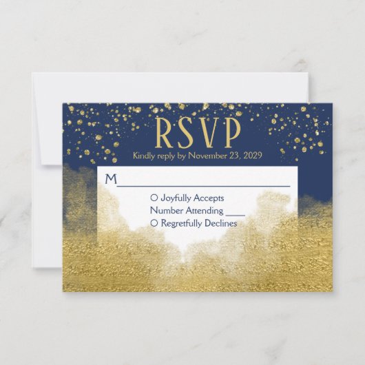 Navy Blue Gold Confetti RSVP Wedding Response (Voorkant)