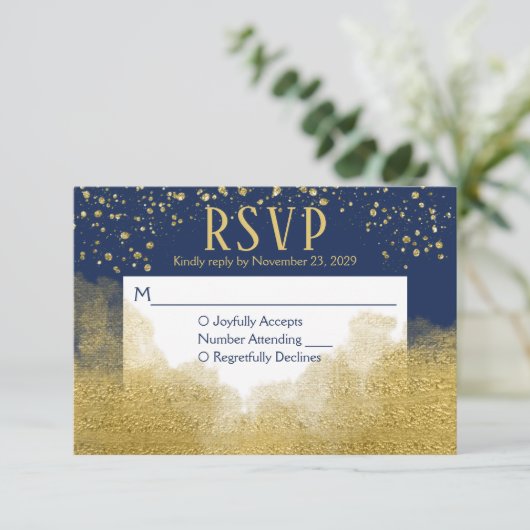 Navy Blue Gold Confetti RSVP Wedding Response (Staand voorkant)