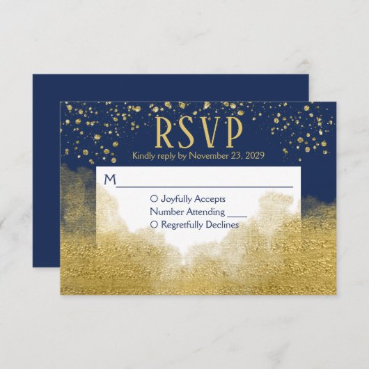 Navy Blue Gold Confetti RSVP Wedding Response (Voorkant / Achterkant)