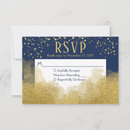 Navy Blue Gold Confetti RSVP Wedding Response Kaartje