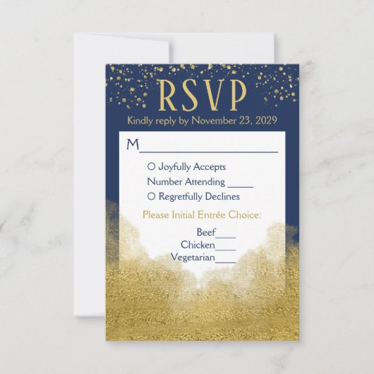 Navy Blue Gold Confetti RSVP Wedding Response Meal (Voorkant)