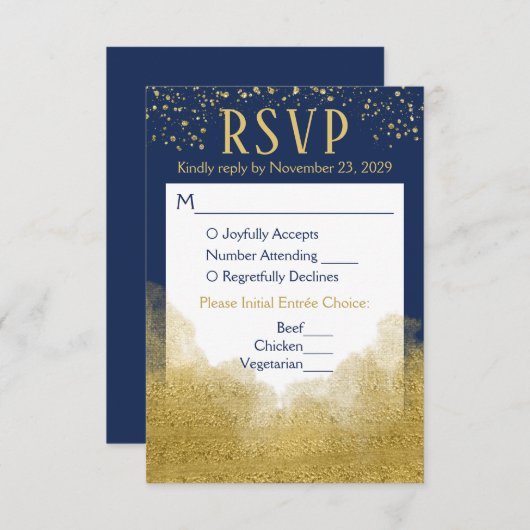 Navy Blue Gold Confetti RSVP Wedding Response Meal (Voorkant / Achterkant)