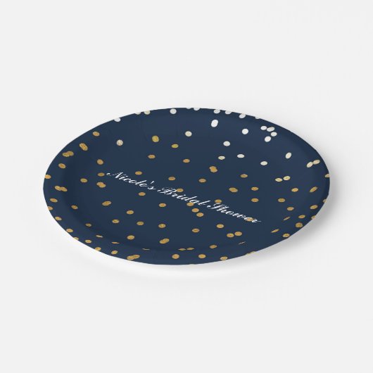 Navy Blue & Gold Confetti Stippen Modern Chic Papieren Bordje (Gekanteld)