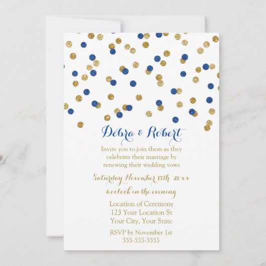 Navy Blue Gold Confetti Vow Renewal Invitation Kaart (Achterkant)