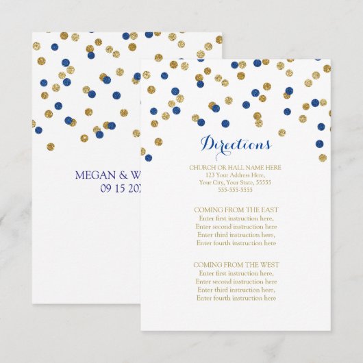 Navy Blue Gold Confetti Wedding Direction Insert Informatiekaartje (Voorkant / Achterkant)