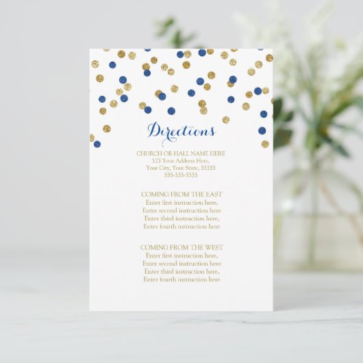 Navy Blue Gold Confetti Wedding Direction Insert Informatiekaartje (Staand voorkant)