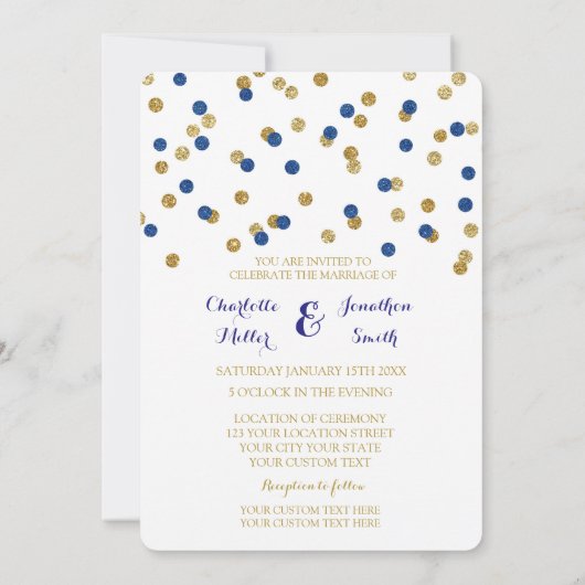 Navy Blue Gold Confetti Wedding Invitations Kaart (Achterkant)