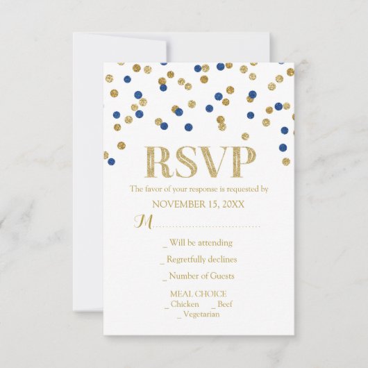 Navy Blue Gold Confetti Wedding RSVP-kaarten RSVP Kaartje (Voorkant)